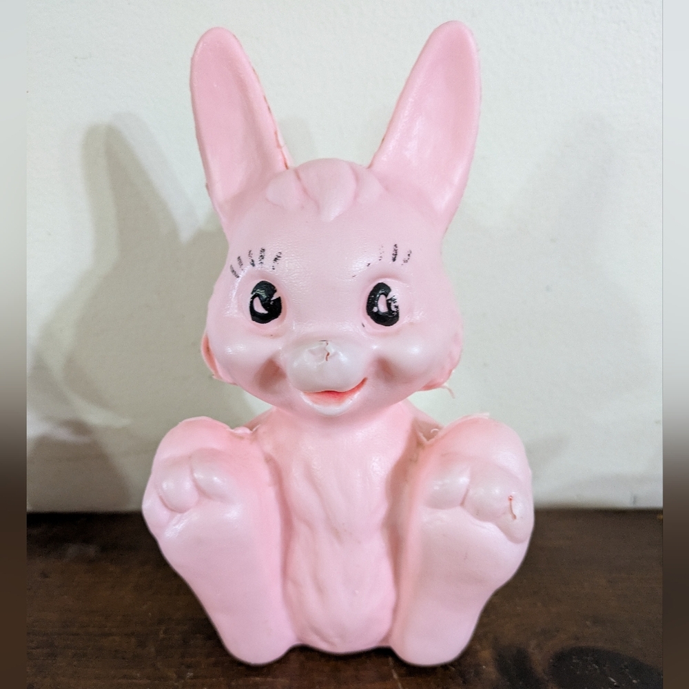 Vintage Pink Rabbit Bank Unique Decor Easter Rubber Hard Plastic Blow Mold MCM